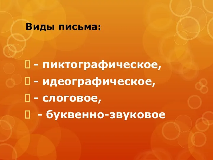 Виды письма: - пиктографическое, - идеографическое, - слоговое, - буквенно-звуковое