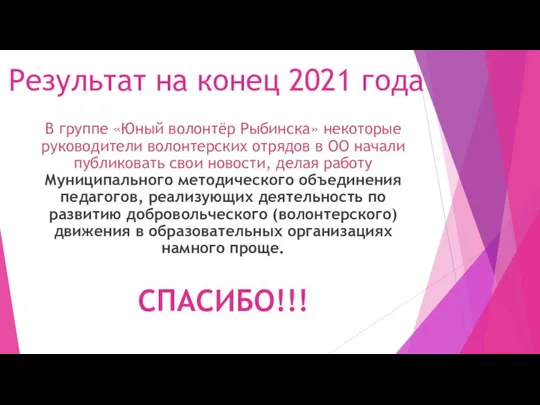 Результат на конец 2021 года В группе «Юный волонтёр Рыбинска» некоторые руководители
