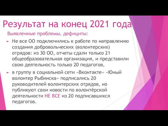 Результат на конец 2021 года Выявленные проблемы, дефициты: Не все ОО подключились