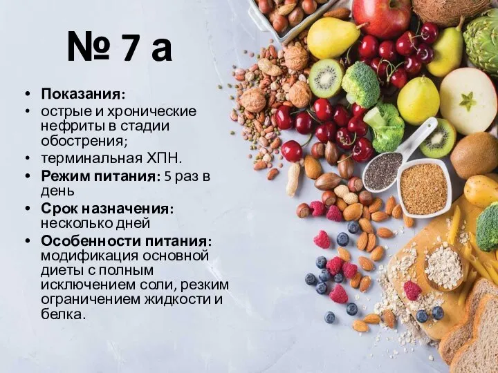 № 7 а Показания: острые и хронические нефриты в стадии обострения; терминальная