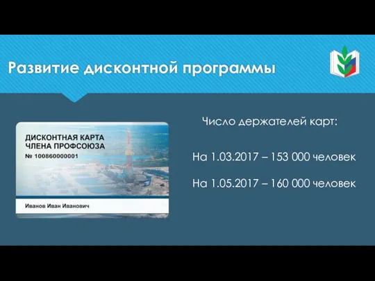 Развитие дисконтной программы Число держателей карт: На 1.03.2017 – 153 000 человек