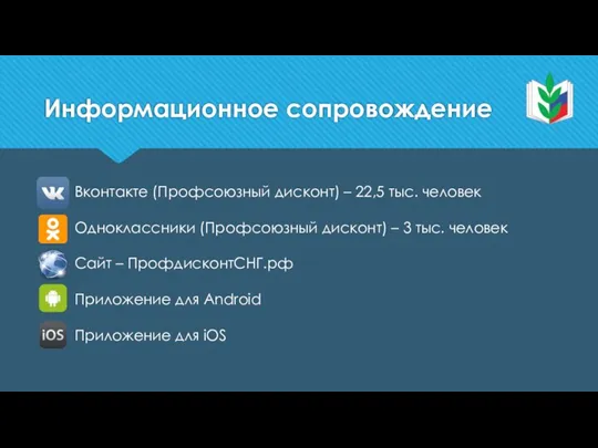 Информационное сопровождение Вконтакте (Профсоюзный дисконт) – 22,5 тыс. человек Одноклассники (Профсоюзный дисконт)