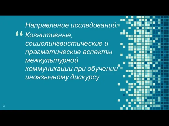 Направление исследований: Когнитивные, социолингвистические и прагматические аспекты межкультурной коммуникации при обучении иноязычному дискурсу