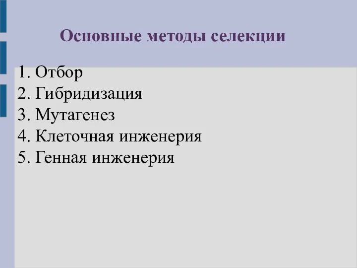 1. Отбор 2. Гибридизация 3. Мутагенез 4. Клеточная инженерия 5. Генная инженерия Основные методы селекции