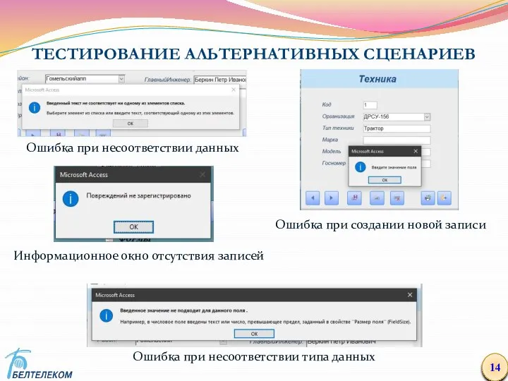 ТЕСТИРОВАНИЕ АЛЬТЕРНАТИВНЫХ СЦЕНАРИЕВ 14 Ошибка при несоответствии данных Ошибка при несоответствии типа