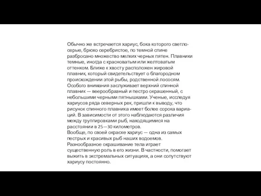 Обычно же встречается хариус, бока которого светло-серые, брюхо серебристое, по темной спине