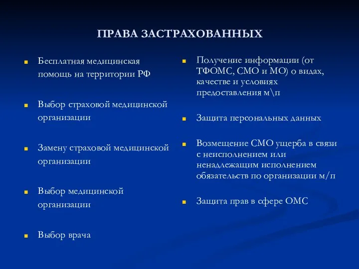 ПРАВА ЗАСТРАХОВАННЫХ Бесплатная медицинская помощь на территории РФ Выбор страховой медицинской организации
