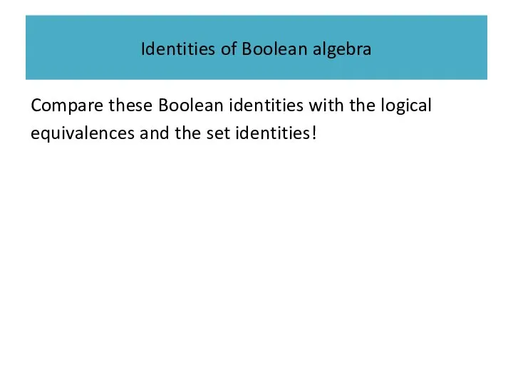 Identities of Boolean algebra Compare these Boolean identities with the logical equivalences and the set identities!