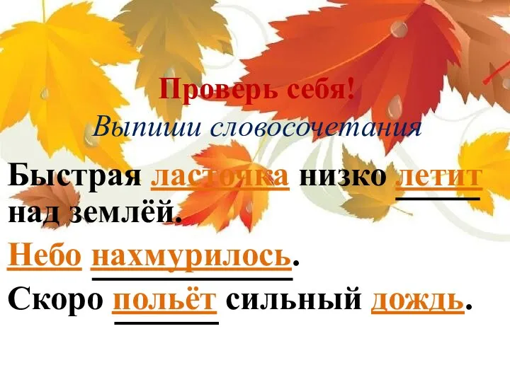 Быстрая ласточка низко летит над землёй. Небо нахмурилось. Скоро польёт сильный дождь. Проверь себя! Выпиши словосочетания