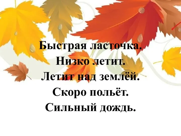 Быстрая ласточка. Низко летит. Летит над землёй. Скоро польёт. Сильный дождь.