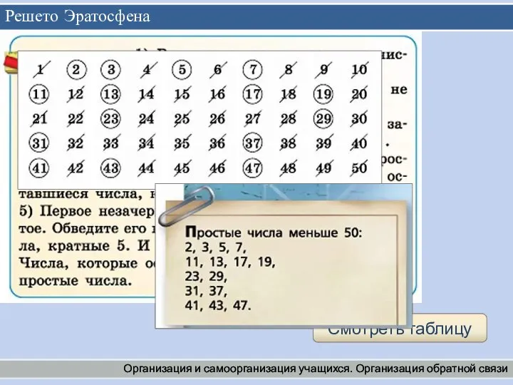 Решето Эратосфена Организация и самоорганизация учащихся. Организация обратной связи Смотреть таблицу