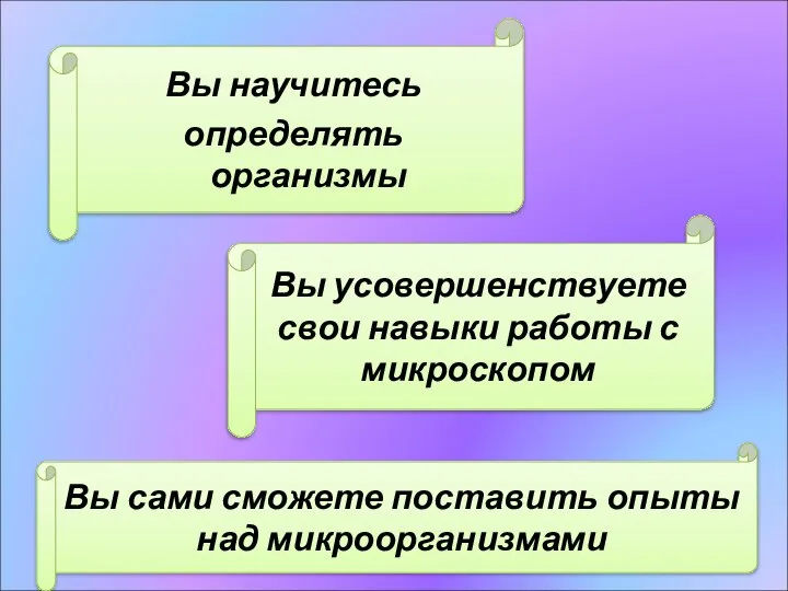 Вы научитесь определять организмы Вы усовершенствуете свои навыки работы с микроскопом Вы