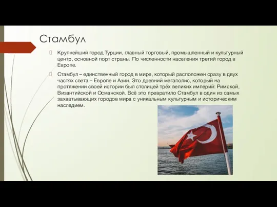 Стамбул Крупнейший город Турции, главный торговый, промышленный и культурный центр, основной порт