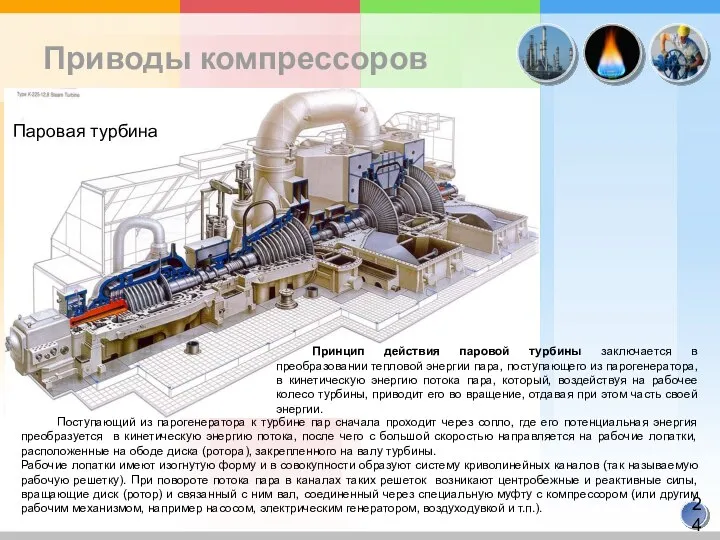 Приводы компрессоров Паровая турбина Принцип действия паровой турбины заключается в преобразовании тепловой