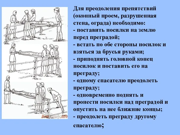 Для преодоления препятствий (оконный проем, разрушенная стена, ограда) необходимо: - поставить носилки