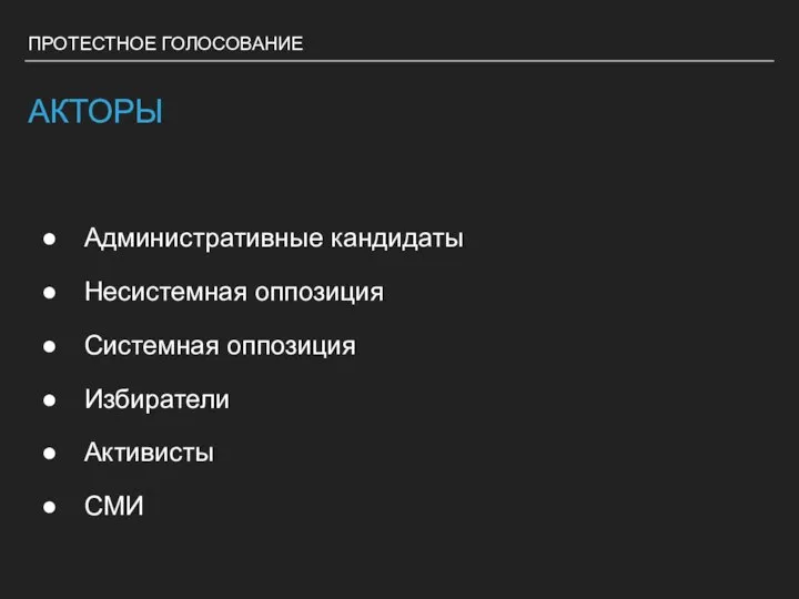 АКТОРЫ Административные кандидаты Несистемная оппозиция Системная оппозиция Избиратели Активисты СМИ ПРОТЕСТНОЕ ГОЛОСОВАНИЕ