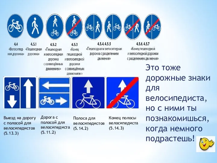 Это тоже дорожные знаки для велосипедиста, но с ними ты познакомишься, когда