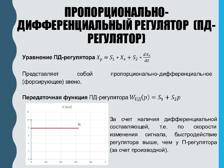 ПРОПОРЦИОНАЛЬНО- ДИФФЕРЕНЦИАЛЬНЫЙ РЕГУЛЯТОР (ПД-РЕГУЛЯТОР) За счет наличия дифференциальной составляющей, т.е. по скорости