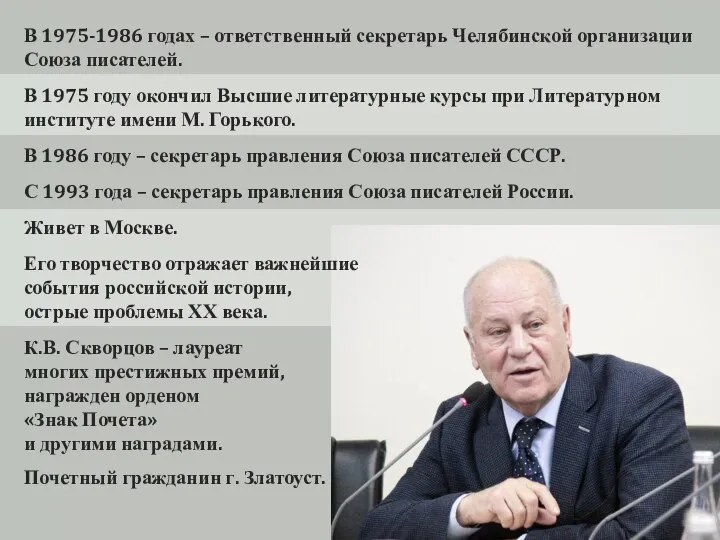 В 1975-1986 годах – ответственный секретарь Челябинской организации Союза писателей. В 1975