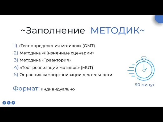 ~Заполнение МЕТОДИК~ 90 минут 1) «Тест определения мотивов» (OMT) 2) Методика «Жизненные