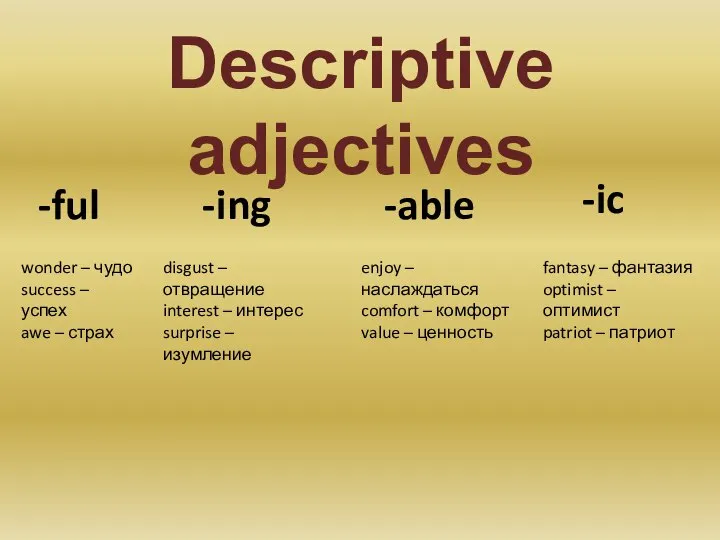 Descriptive adjectives -ful -ing -able -ic wonder – чудо success – успех