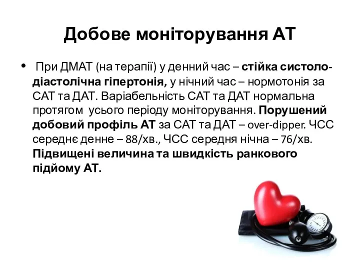 Добове моніторування АТ При ДМАТ (на терапії) у денний час – стійка