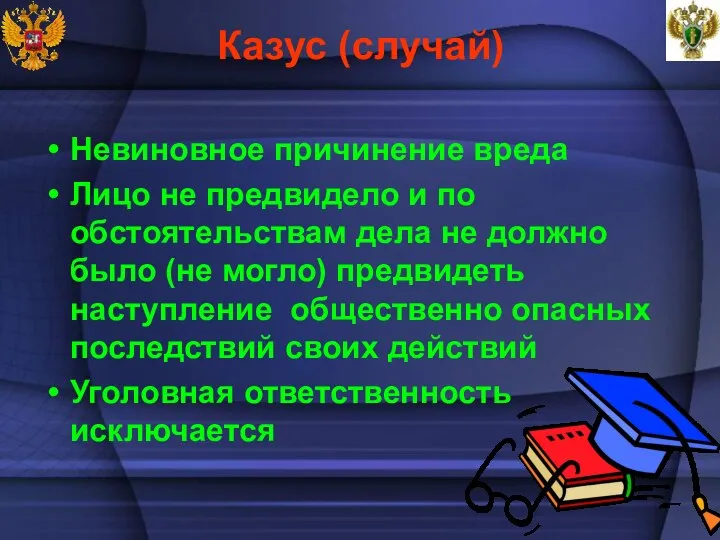 Казус (случай) Невиновное причинение вреда Лицо не предвидело и по обстоятельствам дела