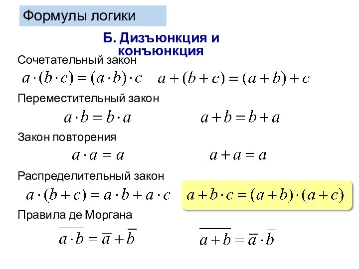 Формулы логики Б. Дизъюнкция и конъюнкция Сочетательный закон Переместительный закон Закон повторения