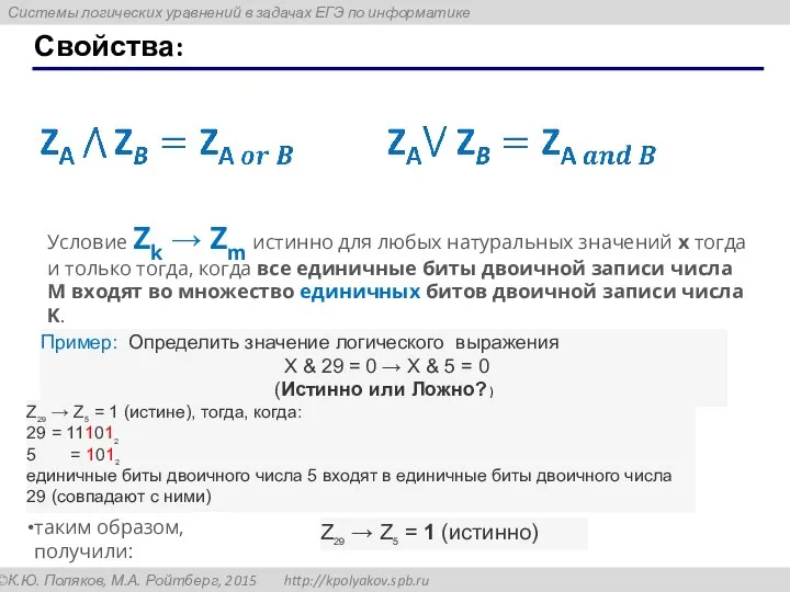 Свойства: Условие Zk → Zm истинно для любых натуральных значений x тогда