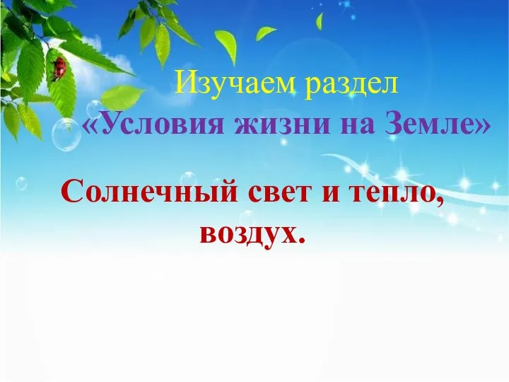 Изучаем раздел «Условия жизни на Земле» Солнечный свет и тепло, воздух.