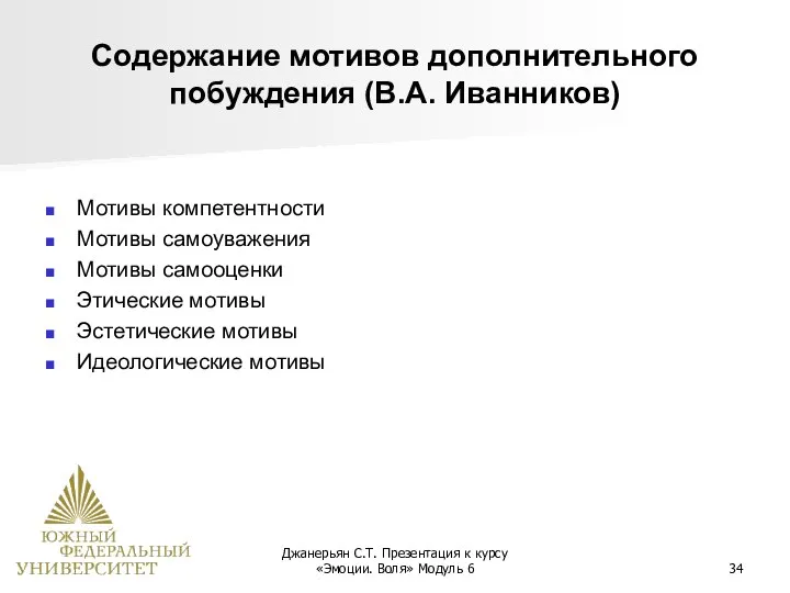 Джанерьян С.Т. Презентация к курсу «Эмоции. Воля» Модуль 6 Содержание мотивов дополнительного