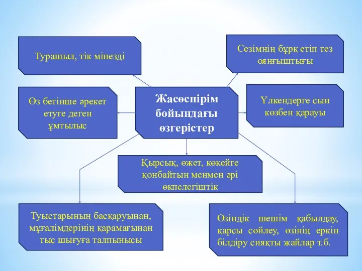 Жасөспірім бойындағы өзгерістер Сезімнің бұрқ етіп тез оянғыштығы Турашыл, тік мінезді Өзіндік