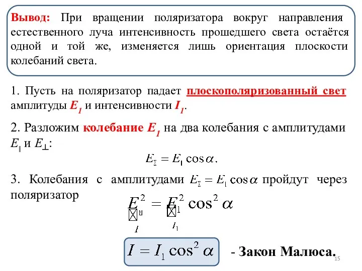 Вывод: При вращении поляризатора вокруг направления естественного луча интенсивность прошедшего света остаётся