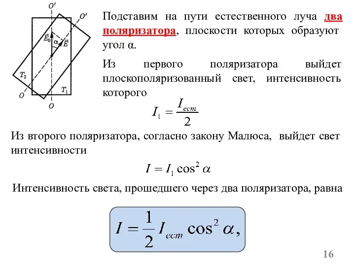 Подставим на пути естественного луча два поляризатора, плоскости которых образуют угол α.