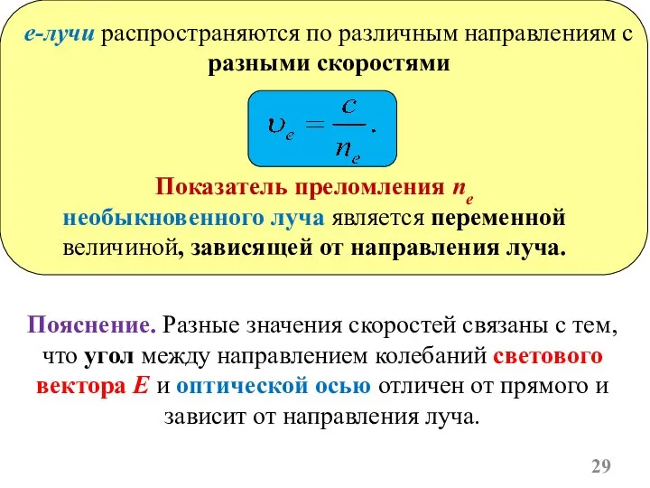 e-лучи распространяются по различным направлениям с разными скоростями Показатель преломления ne необыкновенного