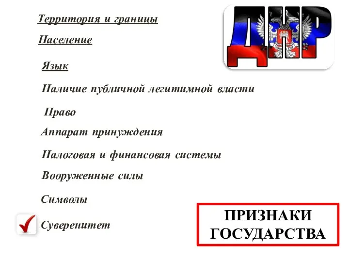 ПРИЗНАКИ ГОСУДАРСТВА Территория и границы Население Язык Право Наличие публичной легитимной власти