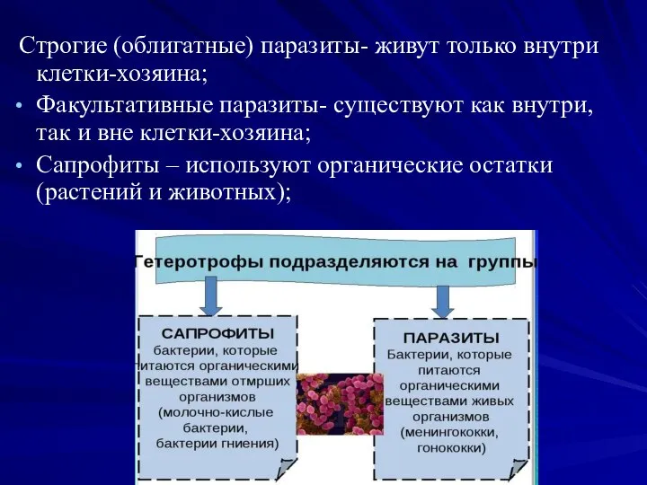 Строгие (облигатные) паразиты- живут только внутри клетки-хозяина; Факультативные паразиты- существуют как внутри,