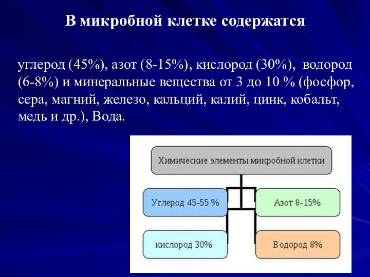 В микробной клетке содержатся углерод (45%), азот (8-15%), кислород (30%), водород (6-8%)