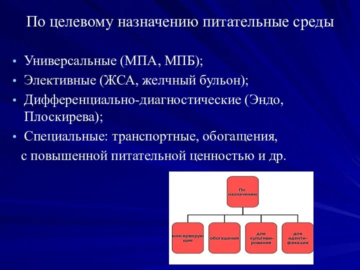 По целевому назначению питательные среды Универсальные (МПА, МПБ); Элективные (ЖСА, желчный бульон);