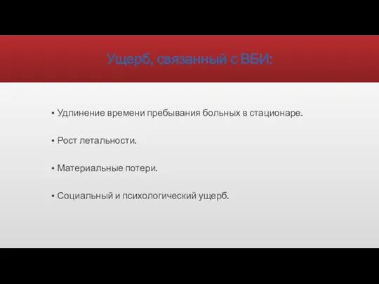 Ущерб, связанный с ВБИ: Удлинение времени пребывания больных в стационаре. Рост летальности.