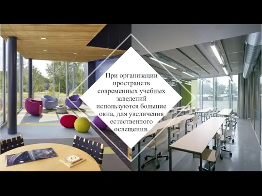 При организации пространств современных учебных заведений используются большие окна, для увеличения естественного освещения.