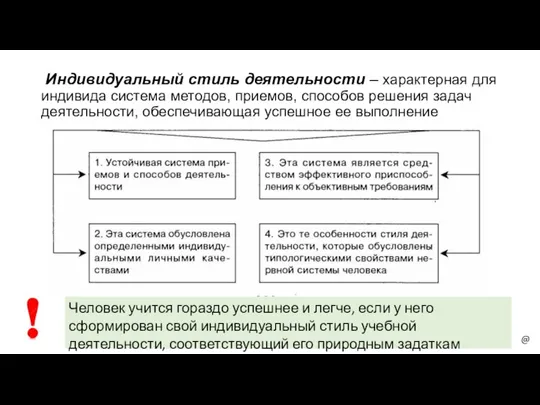 Индивидуальный стиль деятельности – характерная для индивида система методов, приемов, способов решения