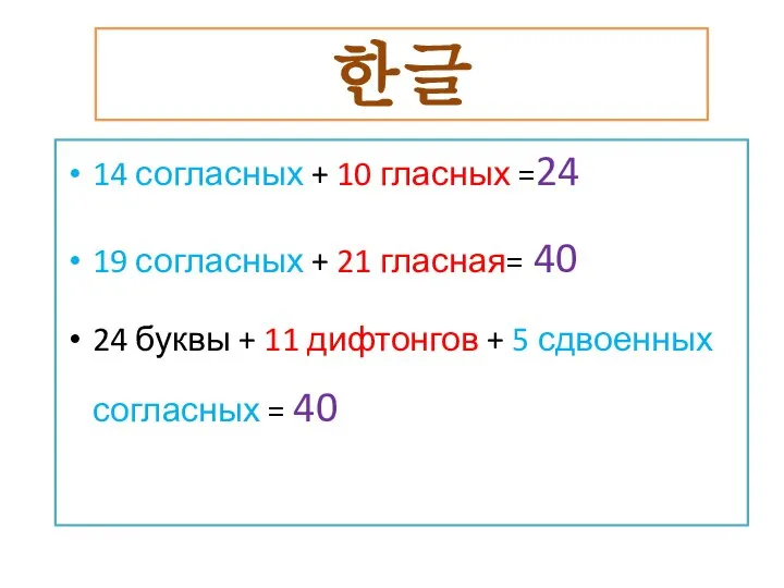 한글 14 согласных + 10 гласных =24 19 согласных + 21 гласная=