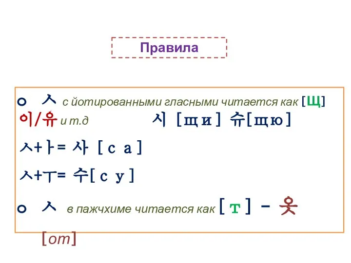 ㅅ с йотированными гласными читается как [Щ] 이/유 и т.д 시 [щи]