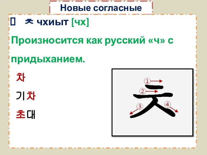 Новые согласные ㅊ чхиыт [чх] Произносится как русский «ч» с придыханием. 차 기차 초대