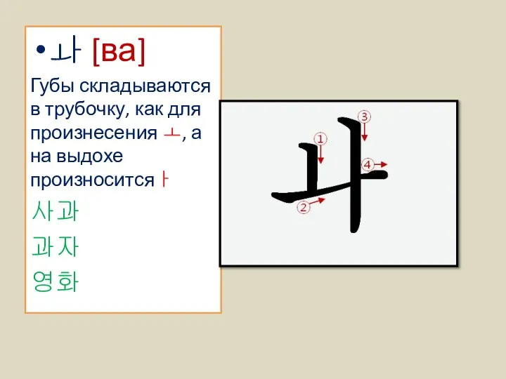 ㅘ [ва] Губы складываются в трубочку, как для произнесения ㅗ, а на