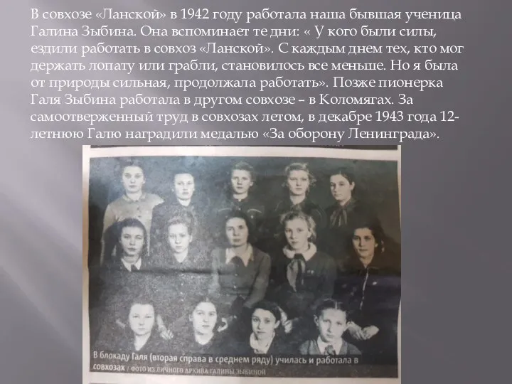 В совхозе «Ланской» в 1942 году работала наша бывшая ученица Галина Зыбина.