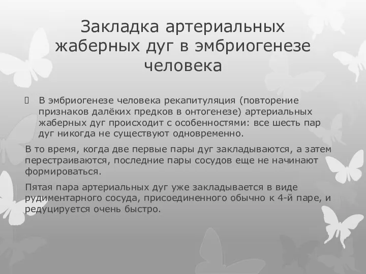 Закладка артериальных жаберных дуг в эмбриогенезе человека В эмбриогенезе человека рекапитуляция (повторение