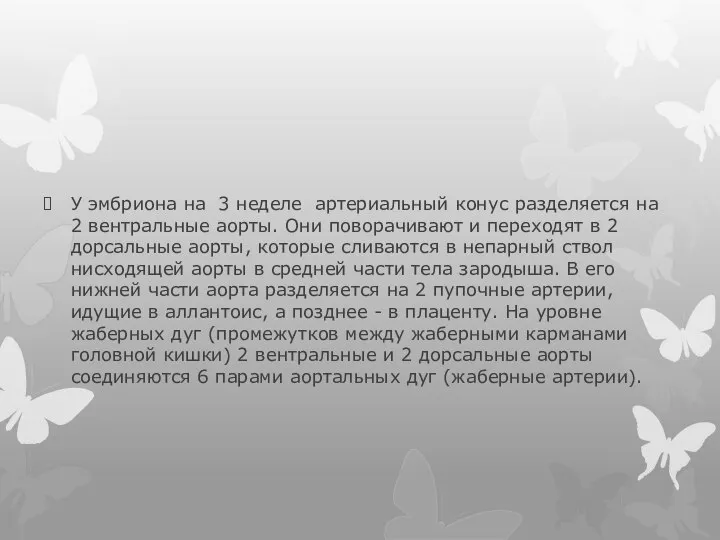 У эмбриона на 3 неделе артериальный конус разделяется на 2 вентральные аорты.