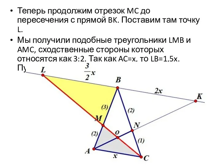 Теперь продолжим отрезок MC до пересечения с прямой BK. Поставим там точку